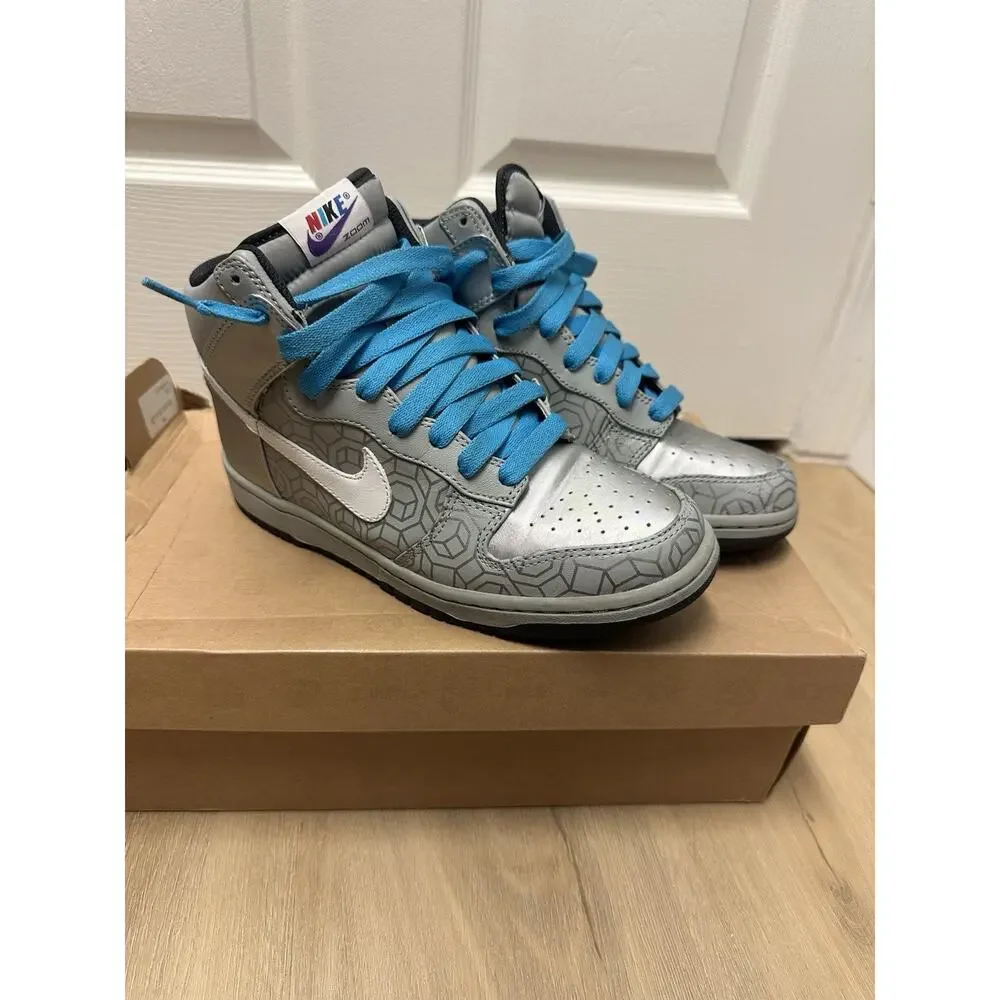 WMNS Nike Dunk HI Premium Metallic Silver Vivid Blue Size 8.5 317814-011
